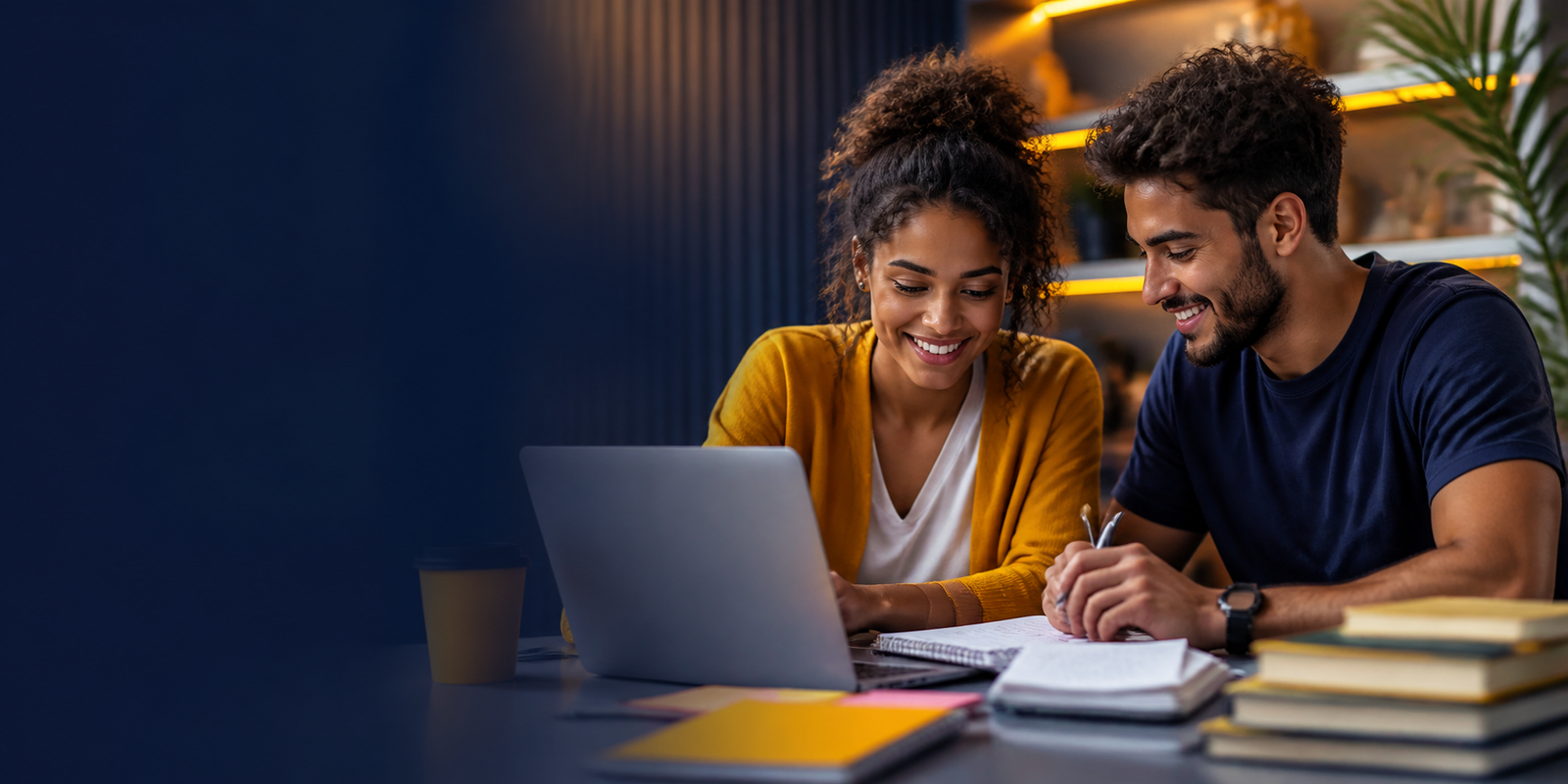 Dois estudantes colaborando em um projeto acadêmico